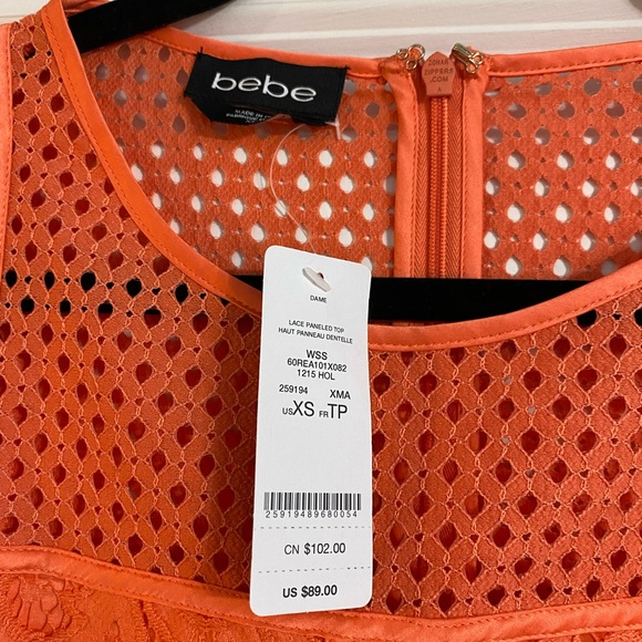 NWT Bebe Orange Lace Paneled Short Sleeve Top - Picture 2 of 10